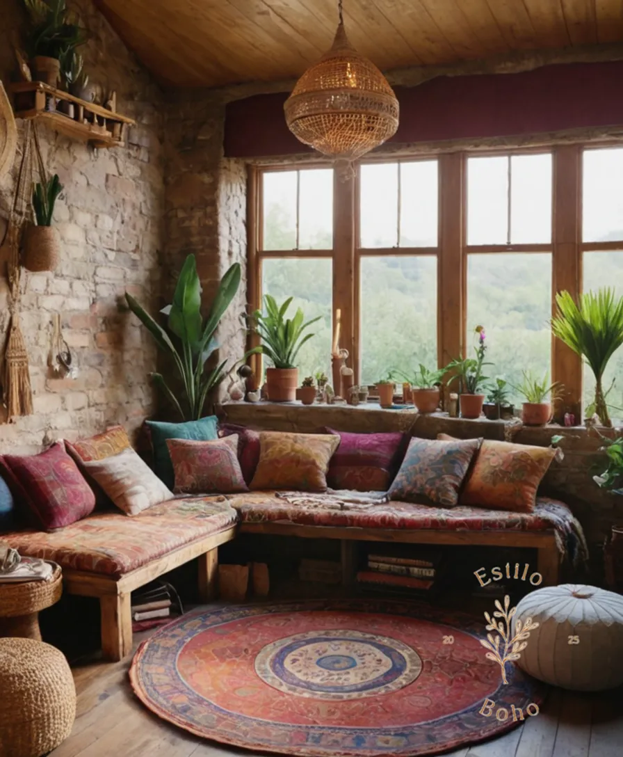 A bohemian-inspired interior with various textures coexisting harmoniously.