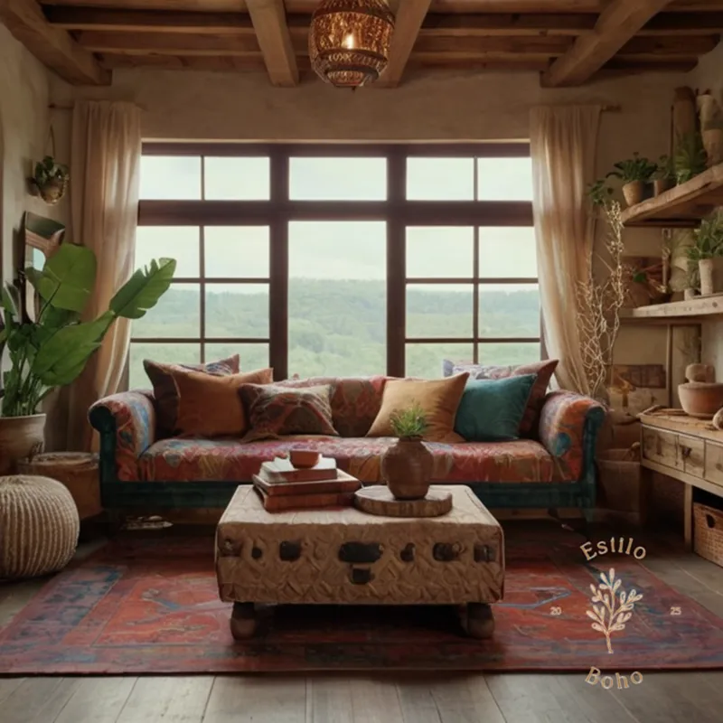 A mix of textured furniture and decorative elements in a bohemian space.