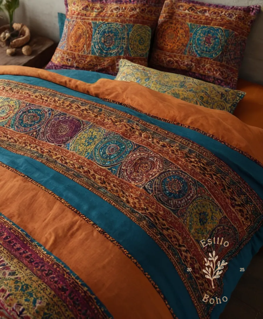 Various colorful, organic cotton pillowcases with ethnic prints laid out together.