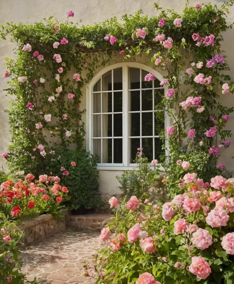 A lush trellis with blooming flowers and fertilizer packets nearby.