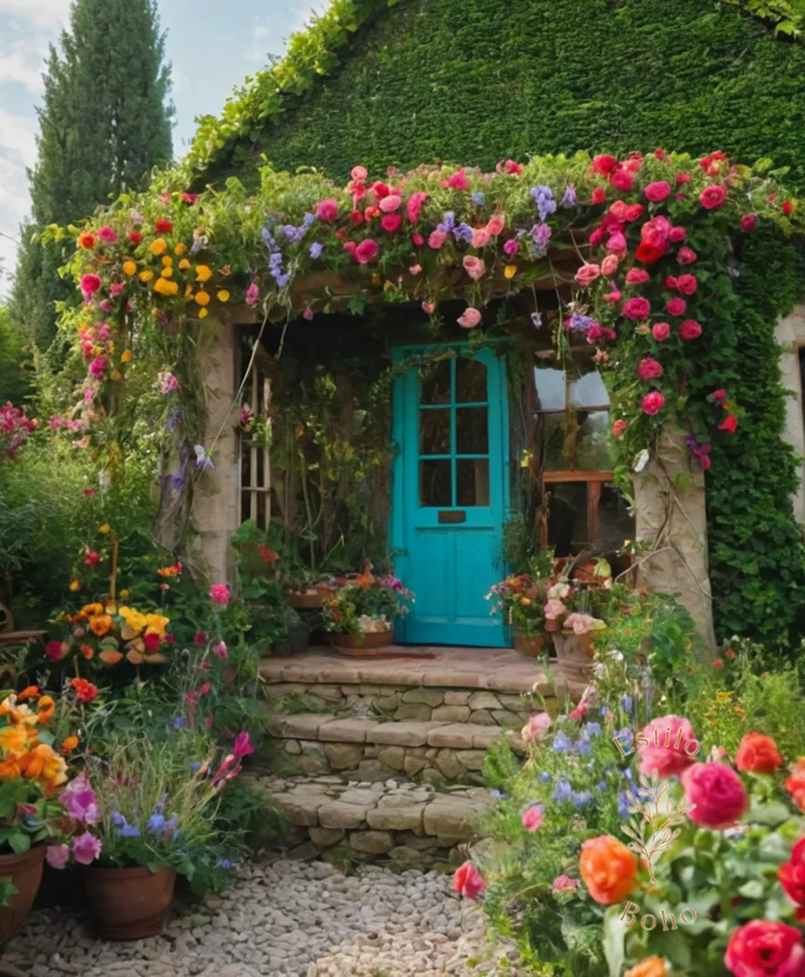 Vines and colorful flowers intertwining amidst bohemian-style garden decorations.