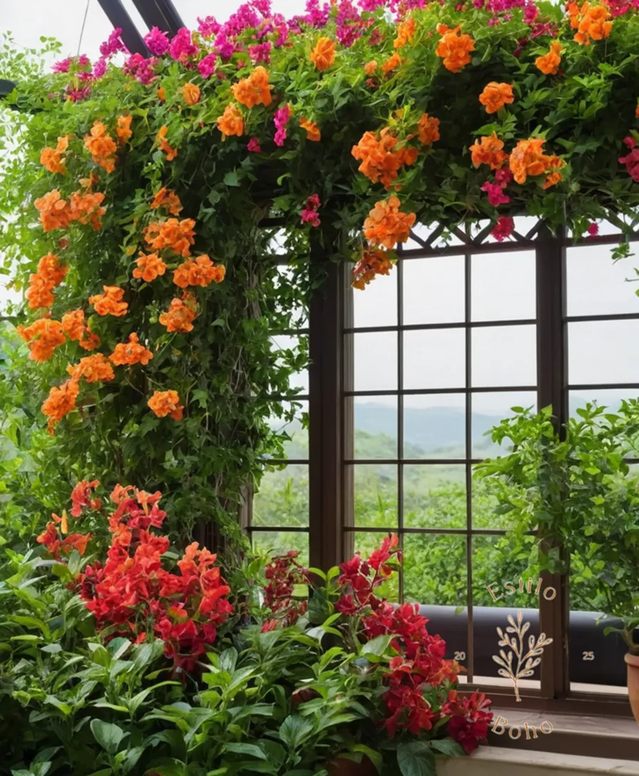 A vibrant, blooming trellis plant with natural fertilizer elements prominently displayed.
