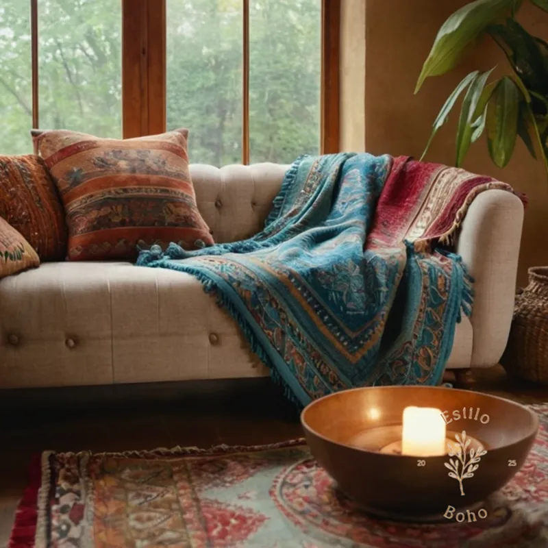 A cozy sofa with a bohemian throw blanket.