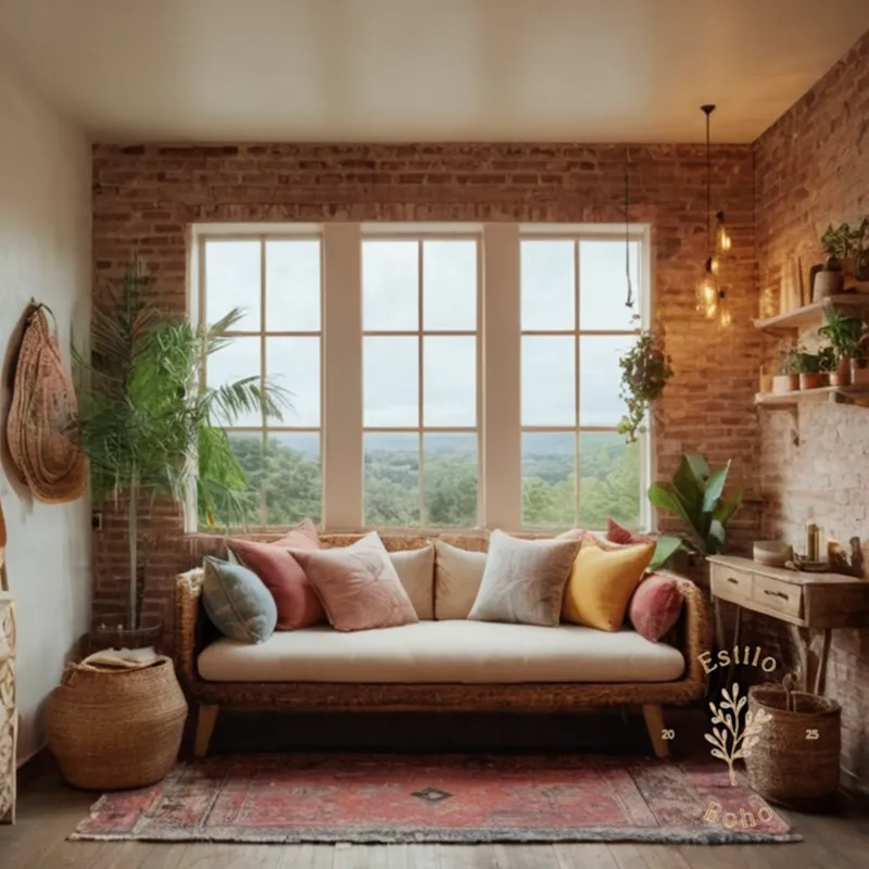 3D render or collage of stylish, textured bohemian decor in small space.