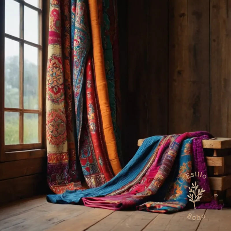 2-3 colorful, eclectic textiles draped over a natural wooden backdrop.