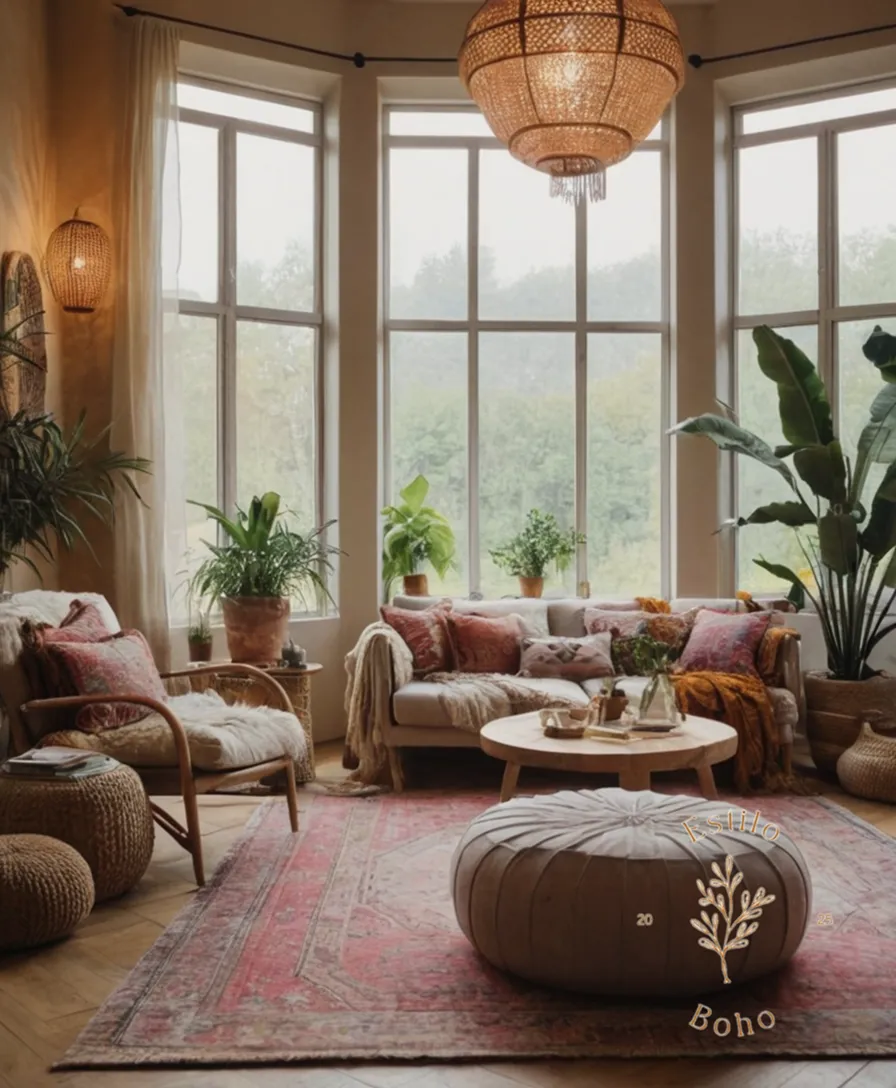 A stylish bohemian-themed living room with mixed textures.