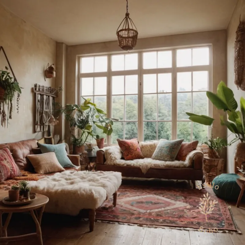A calming bohemian living space with varied textures.