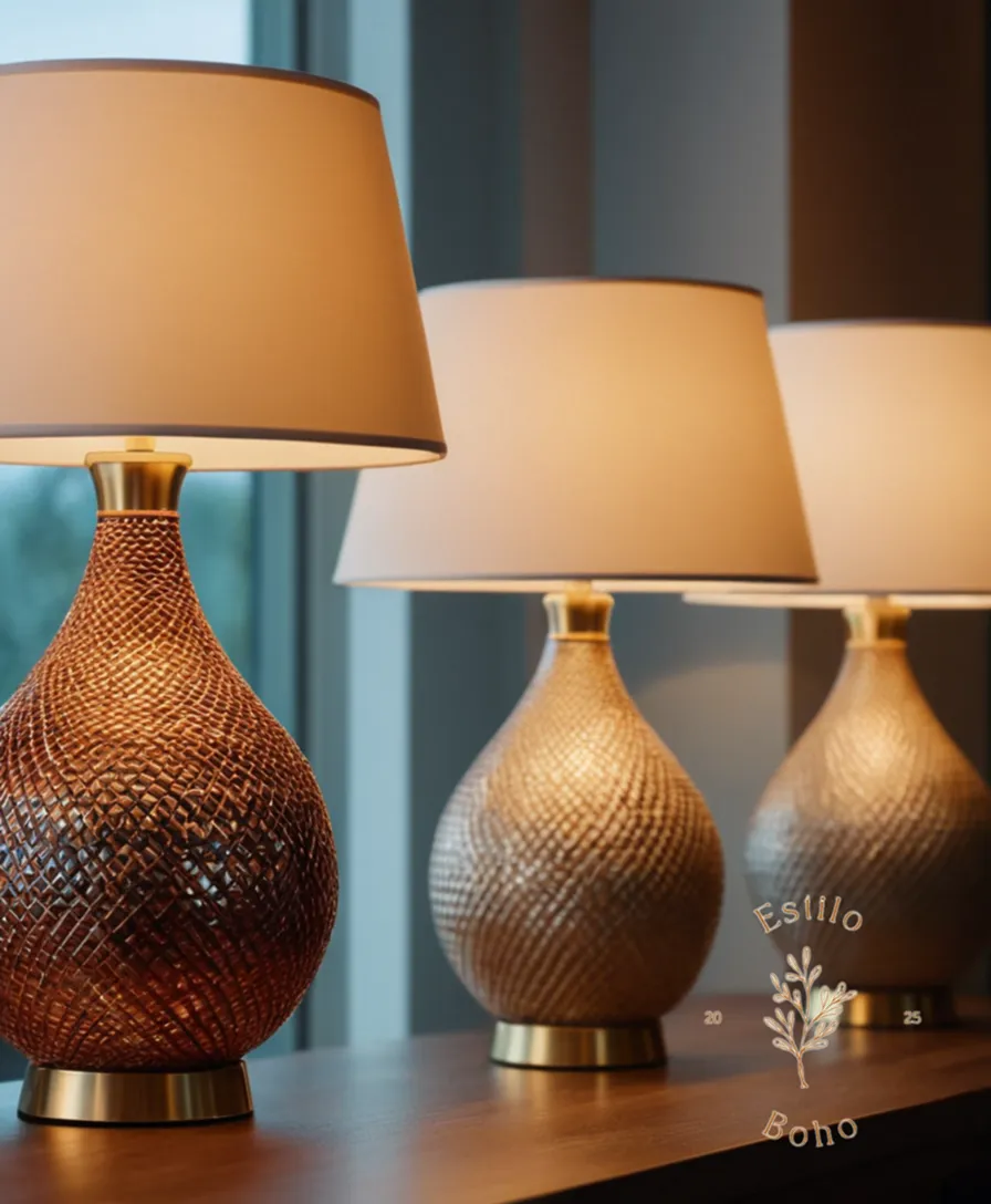 2-3 unique, stylish table lamps next to each other.