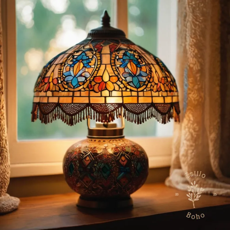 A beautifully styled bohemian lamp with a soft glow.