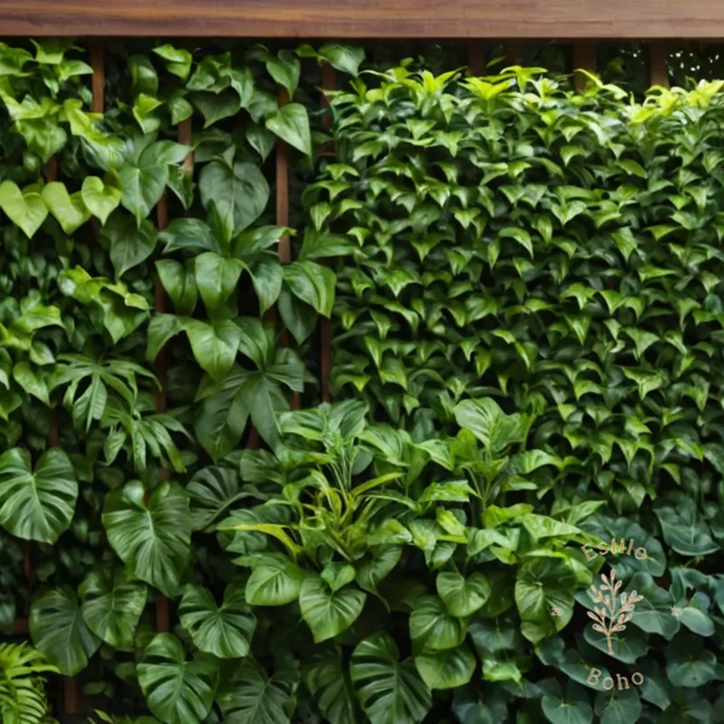 A lush, green wall with various plants growing on a wooden trellis.