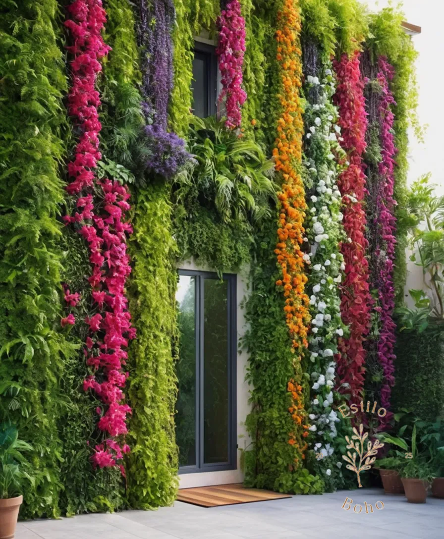 A lush vertical garden with colorful climbing vines.