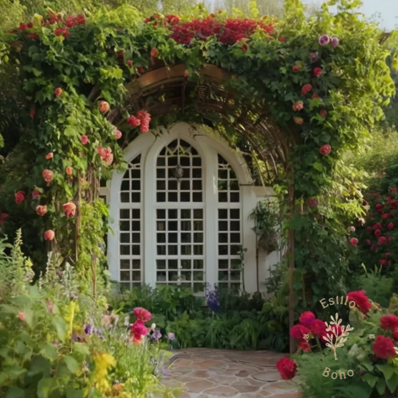 Bohemian-style garden trellis supporting lush, winding vines and flowers.