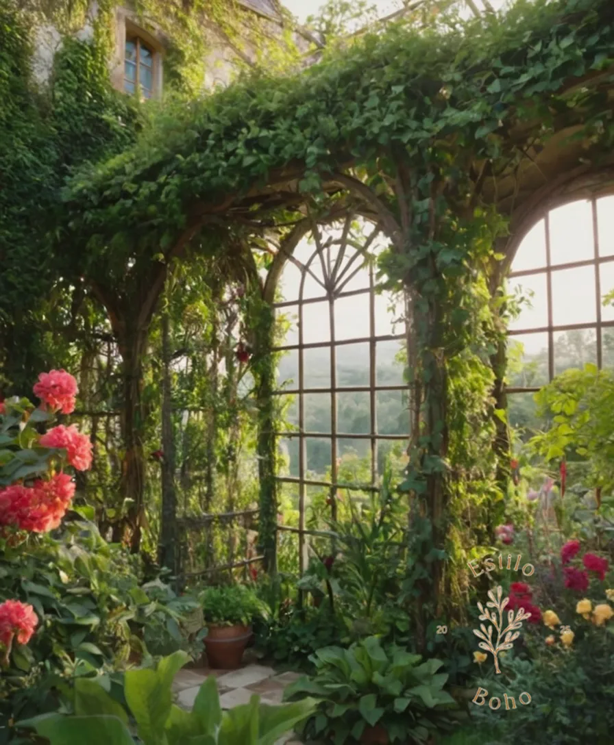A bohemian-inspired garden with trellises and lush climbing vines.