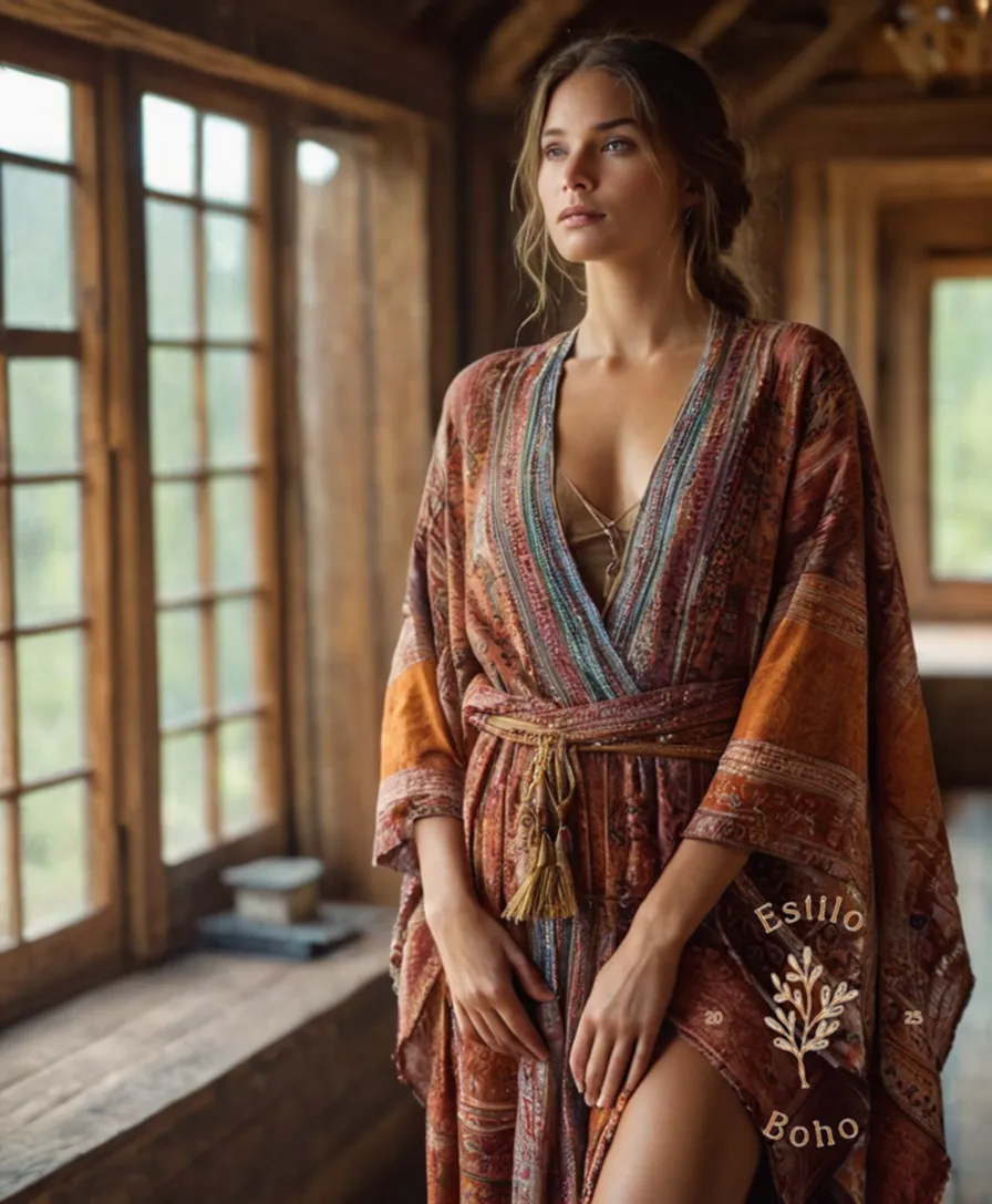 A model or fabric wrapped around her body in boho attire.