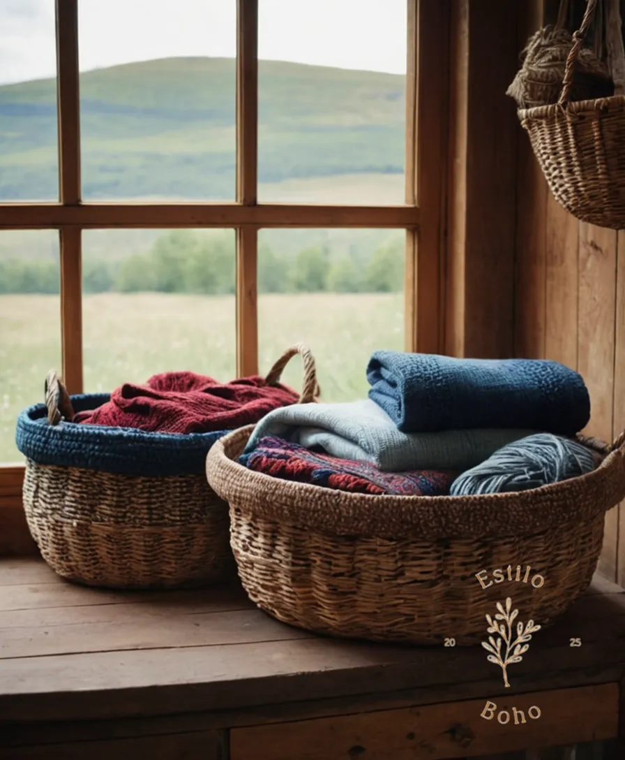 Bohemian-inspired textiles such as woven baskets and shawls.