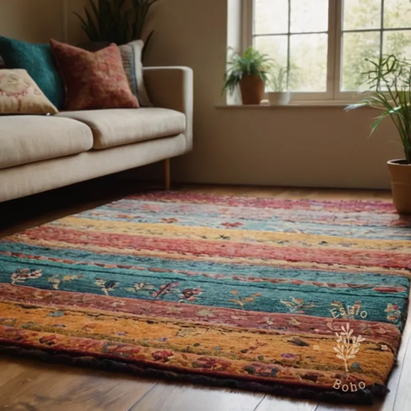 A bohemian-style living room with colorful, textured rugs.