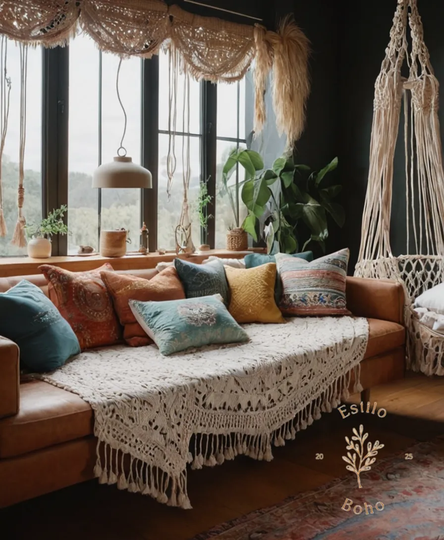 Whimsical, eclectic interior decor elements, such as macrame and woven textiles.