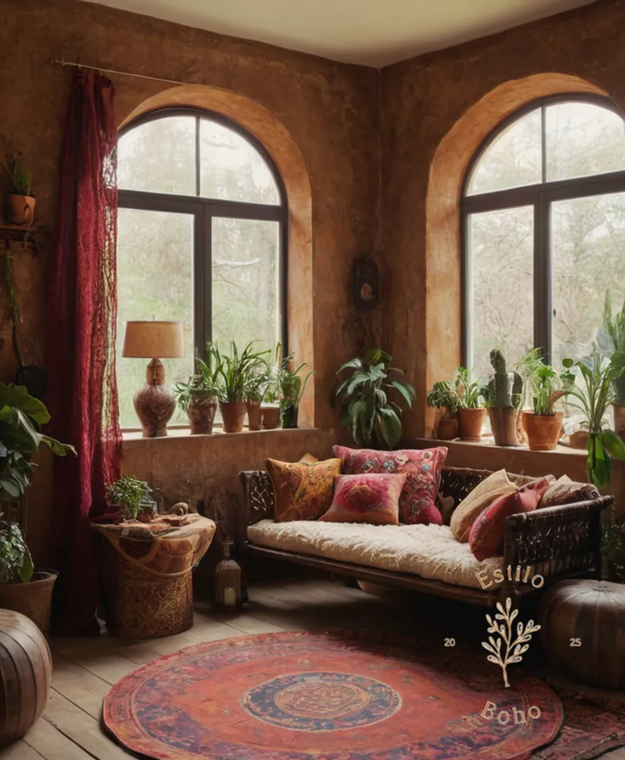 A decorative bohemian-style room with an excess of textures.