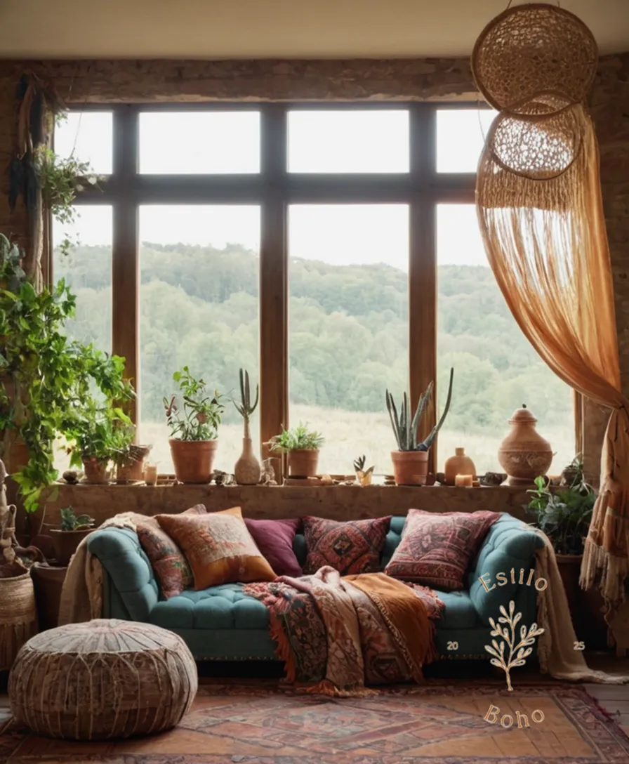 A beautifully styled bohemian room with natural elements and textiles.