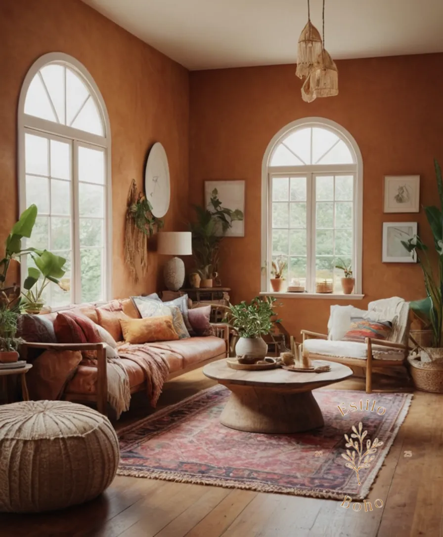A cozy bohemian-themed living room with texture-rich decor.
