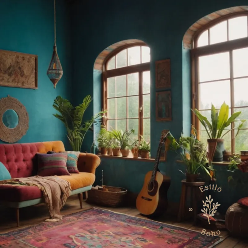 A bohemian-inspired room with mixed colorful textures.