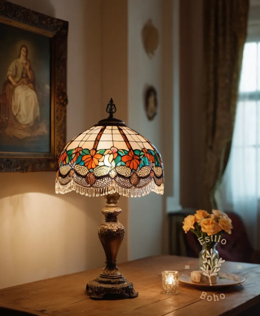 A stylish Bohemia lamp on a vintage decorated table setting.