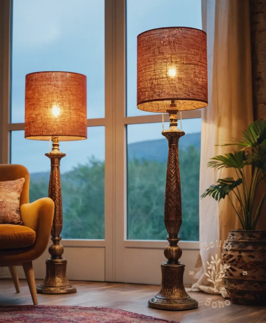 2-3 stylish bohemian floor lamps on a trendy background.