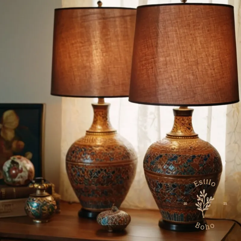 A bohemian-style floor lamp and table lamps beside it.