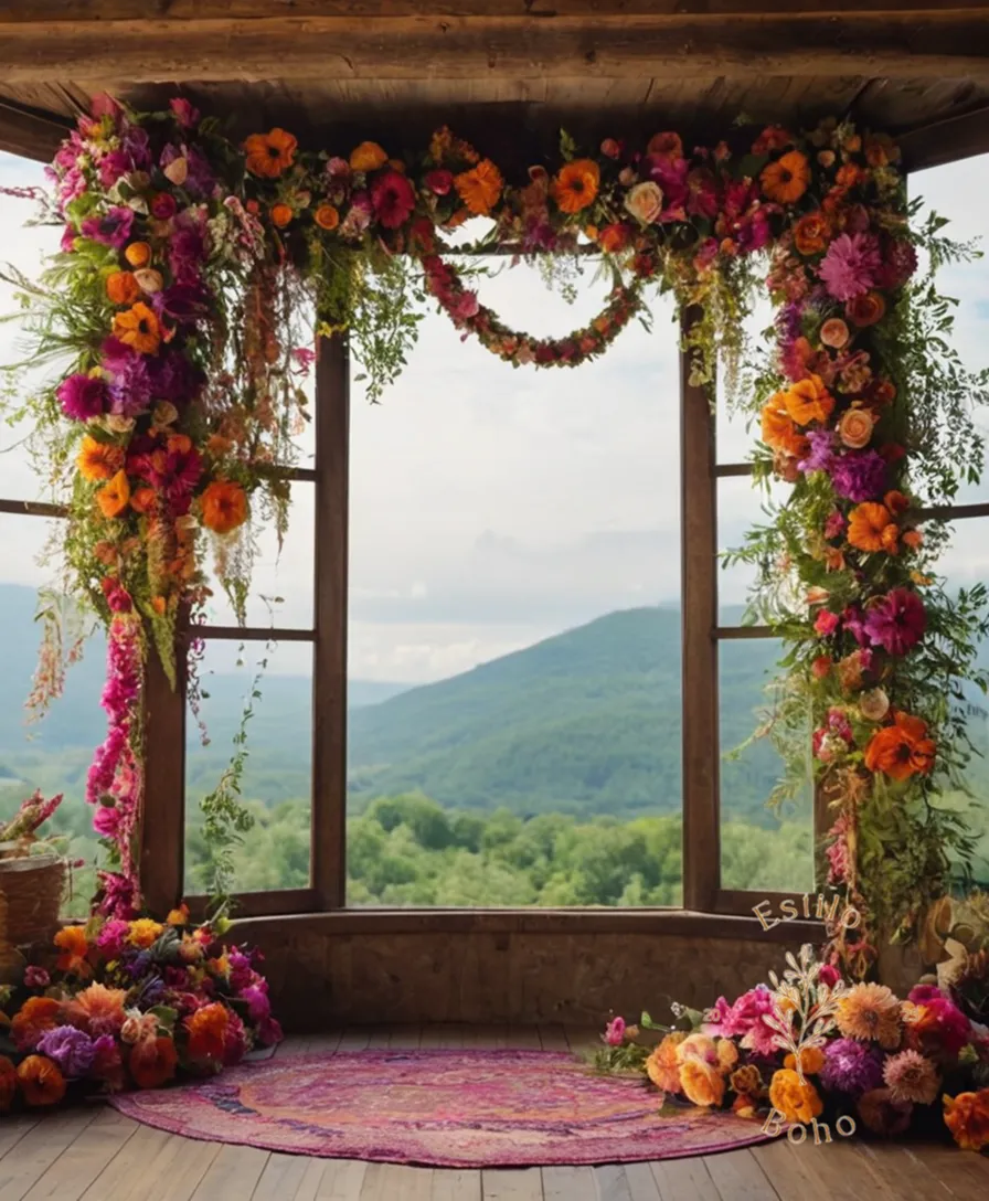 A colorful, flowing floral garland in a bohemian-style space.