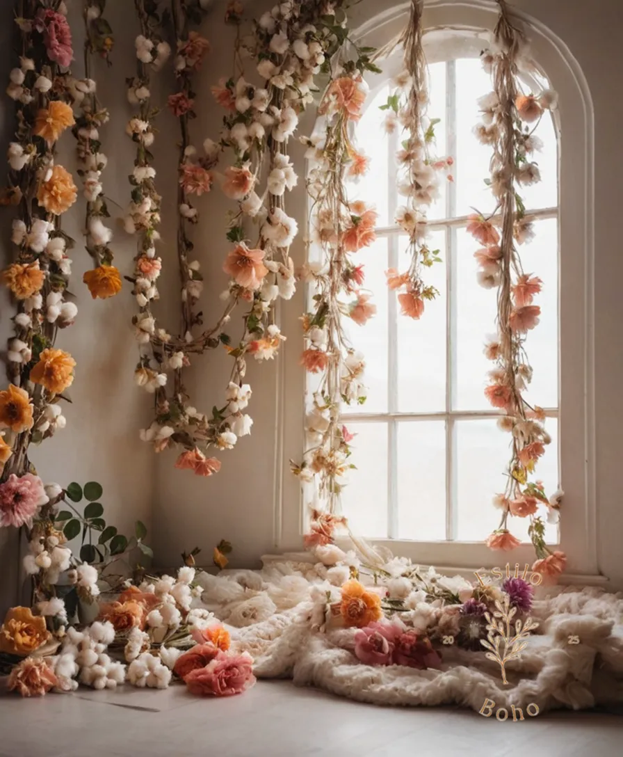 A delicate, flowing bohemian-style flower garland made from soft organic cotton.