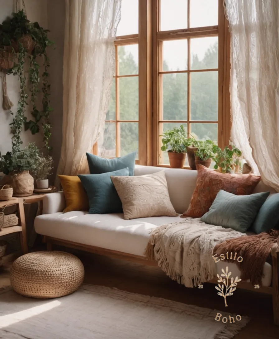 A serene, bohemian living space with organic cotton elements.