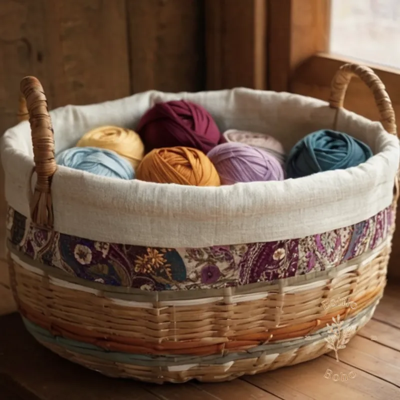 A basket with organic cotton wrapped in bohemian fabric samples.