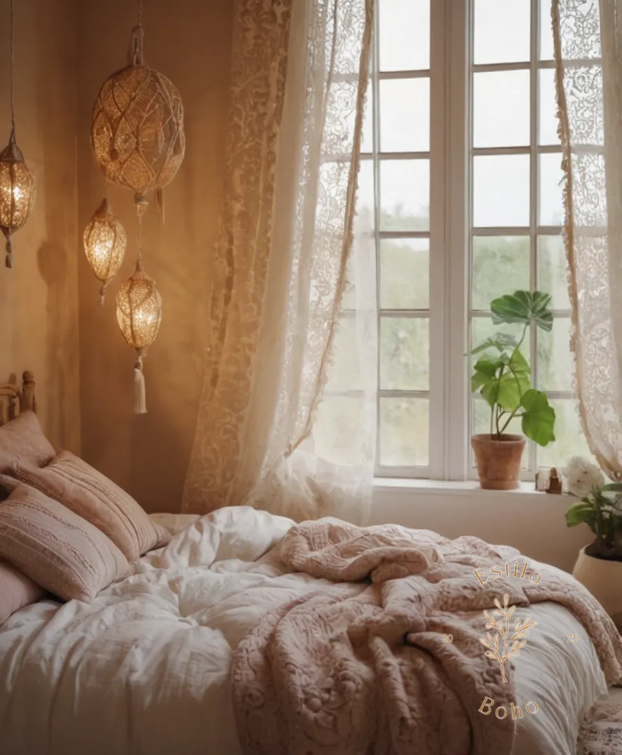Soft organic cotton decorations in a bohemian-inspired bedroom setting.