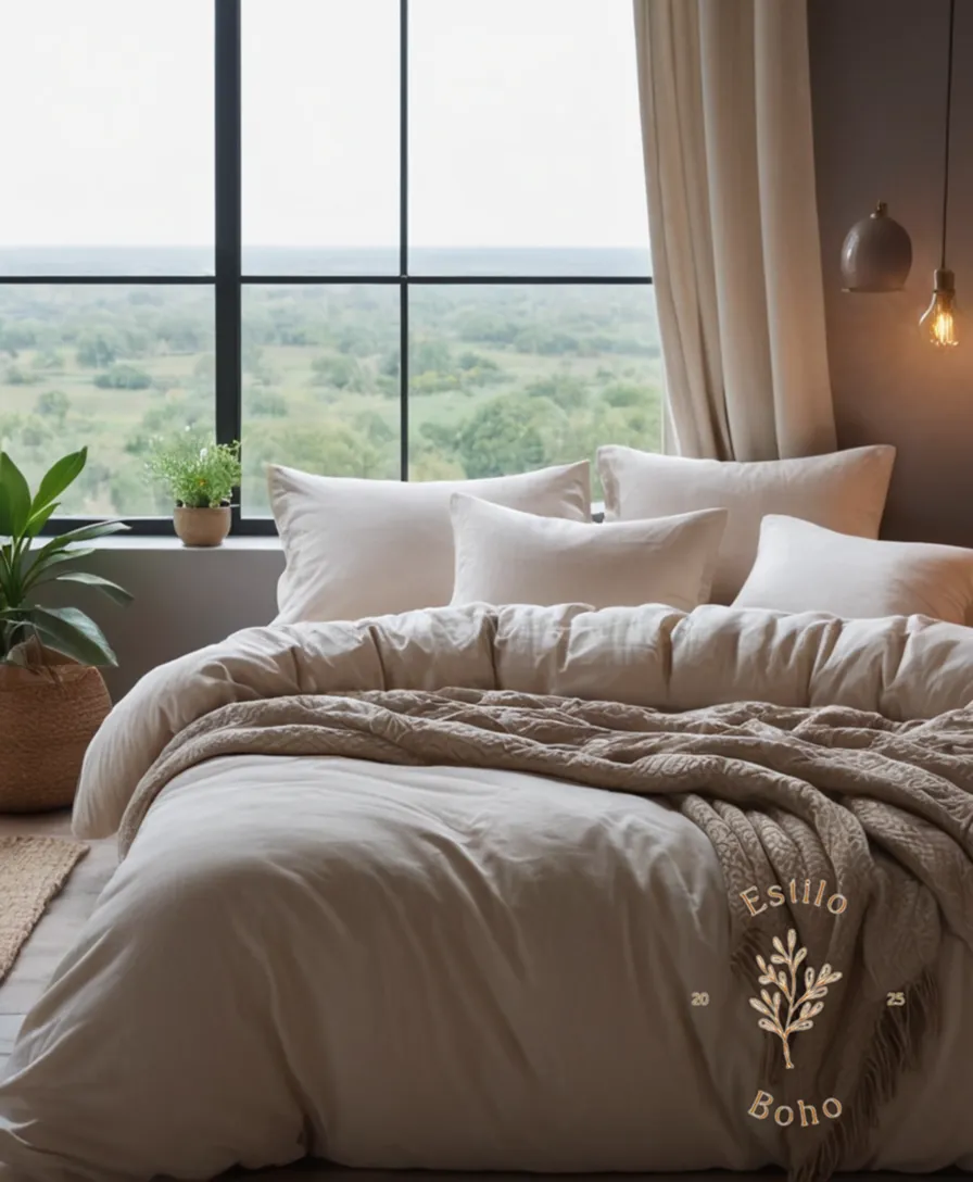 A cozy bedroom with organic cotton bedding features.