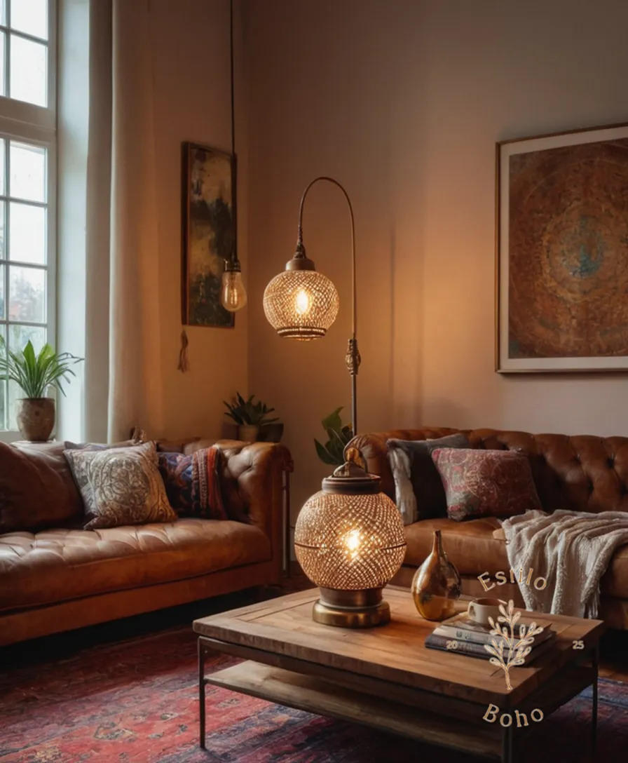 A cozy bohemian living room with metal lamp bases.