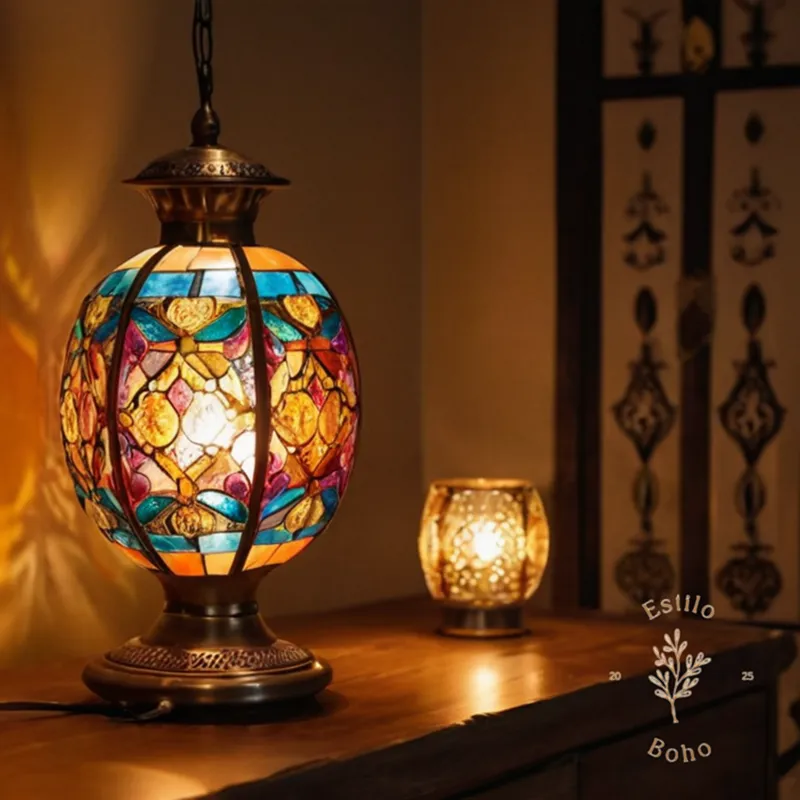 3 bohemian metal lamps with different stylish glass shades.