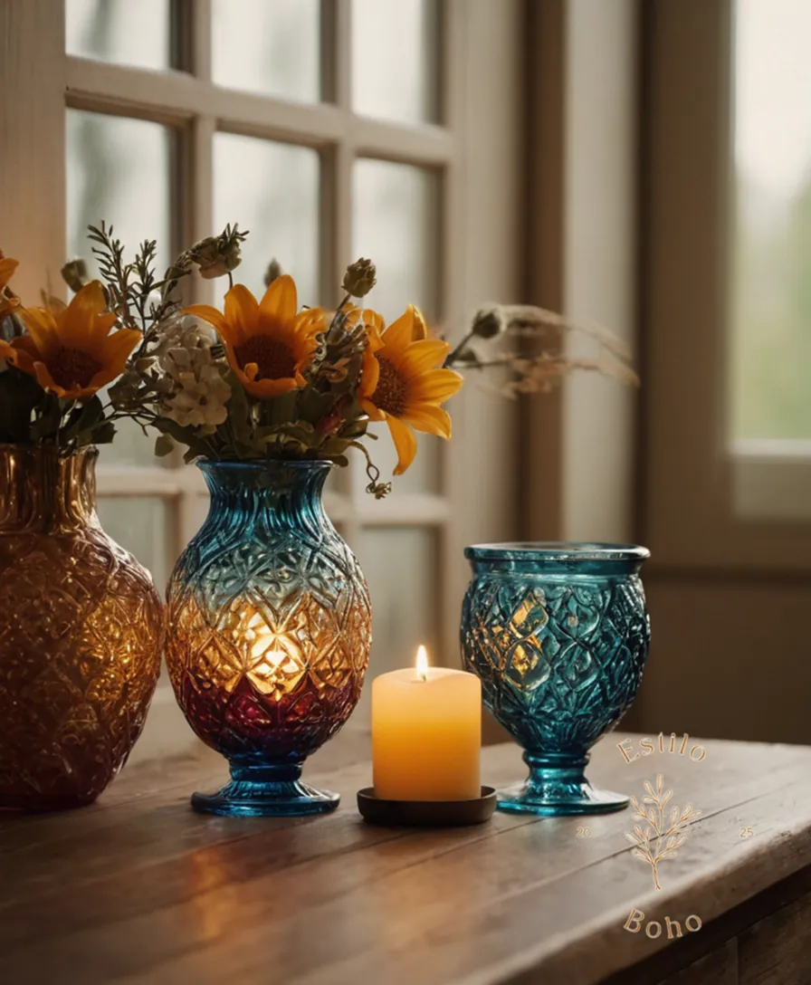 A beautifully styled, bohemian-inspired glass candleholder or vase.