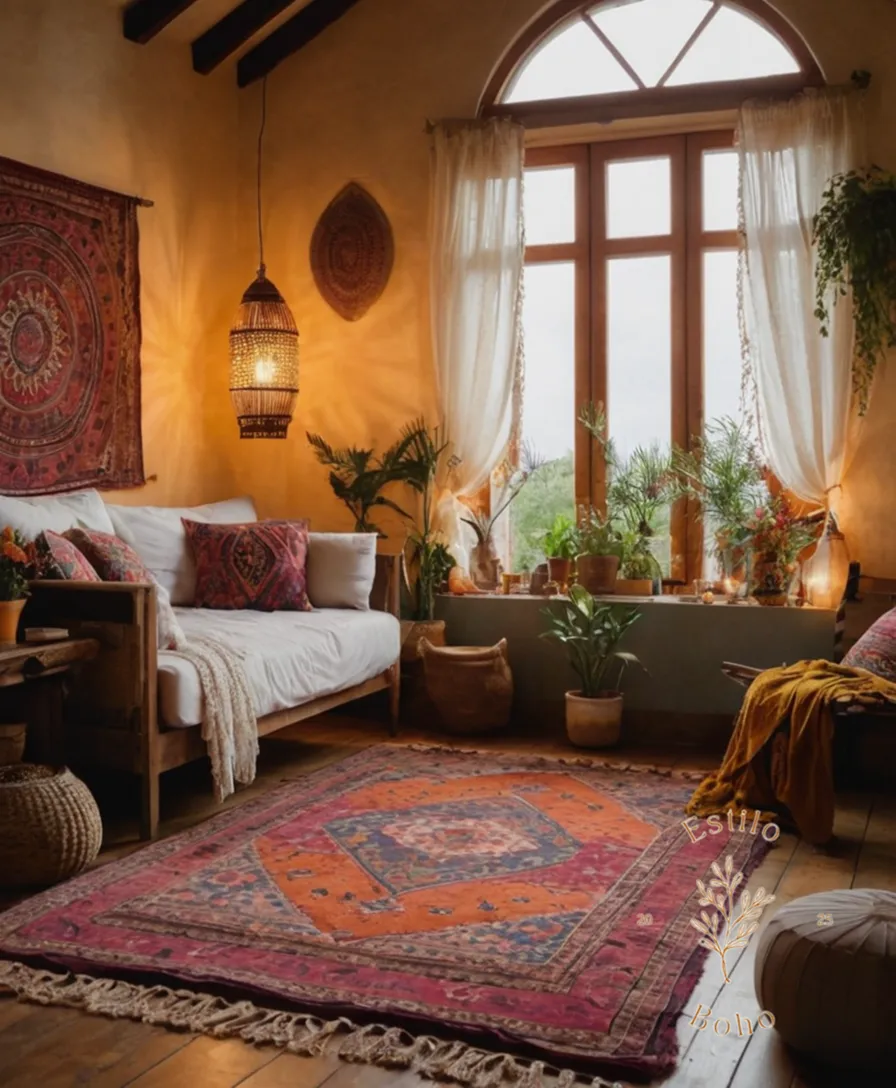 A beautifully lit bohemian-style living room or bedroom scene.