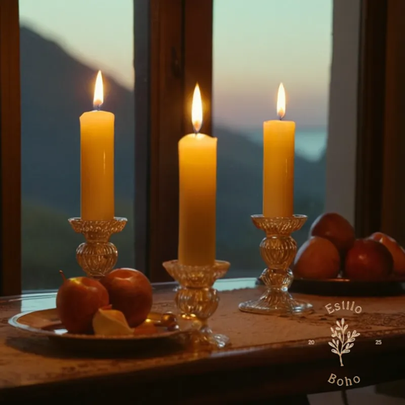 3 beautiful, lit candles on a decorative table setting.