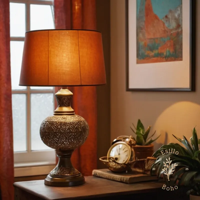A unique, stylish table lamp with eclectic bohemian decor behind.