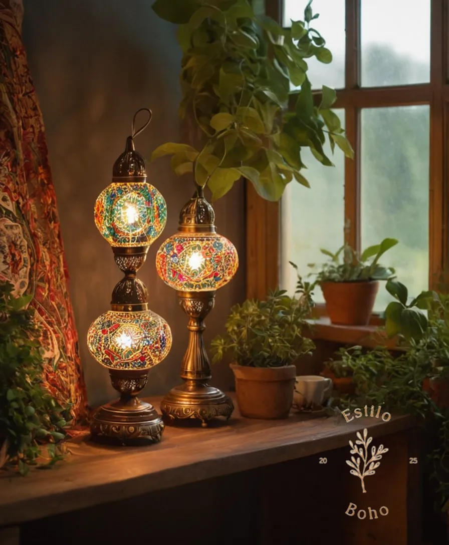 bohemian-lit home decor with eclectic lamps and greenery.