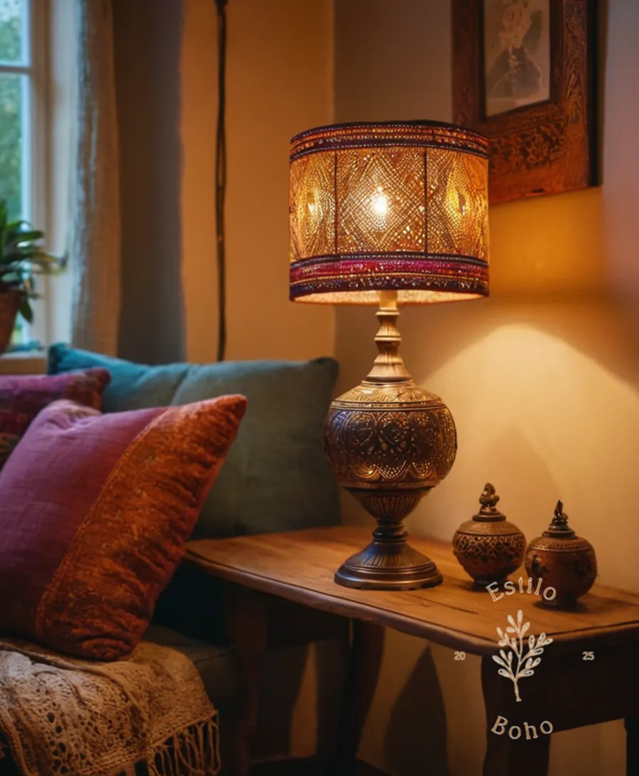 Warmly lit bohemian-style lamps in a cozy living room setting.