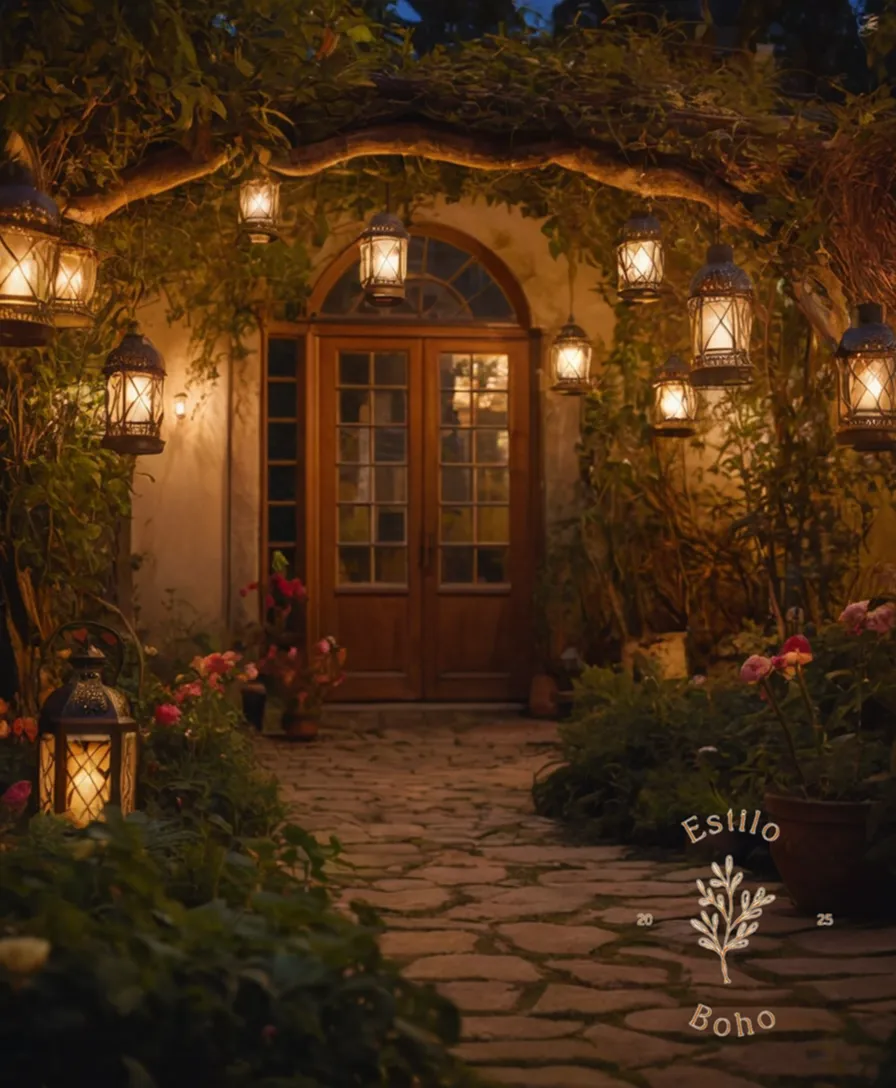 A mystical garden at dusk, warmly lit by bohemian lanterns.