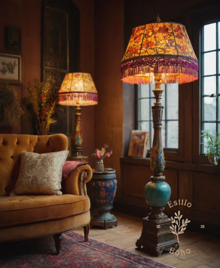3 quirky, bohemian-style floor lamps with colorful details at varying heights.