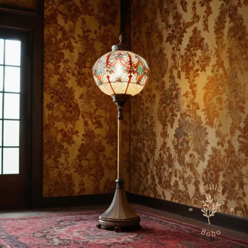 A stylish bohemian floor lamp near a decorated ceiling or wall.