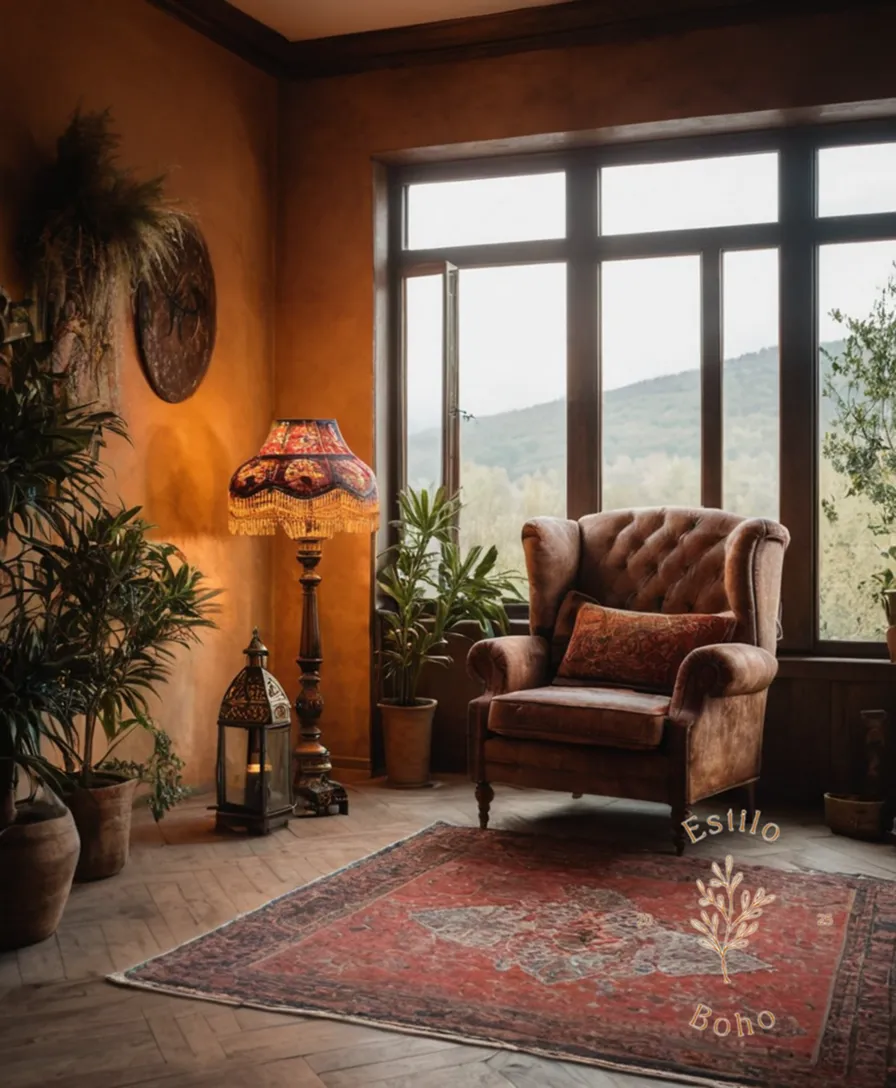 A bohemian corner with a unique floor lamp.