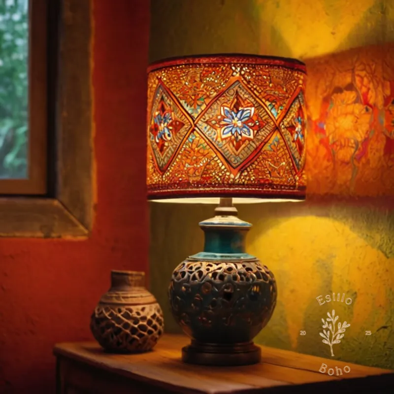A bohemian-inspired lamp against a colorful, textured wall.