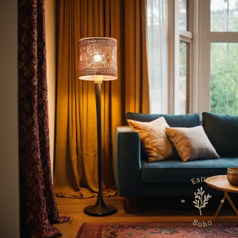 A stylish Bohemian floor lamp near a couch and curtains.