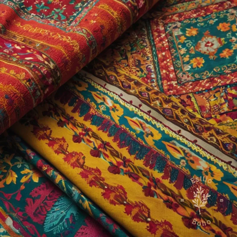 A bohemian fabric showcasing vibrant, eco-friendly digital prints.