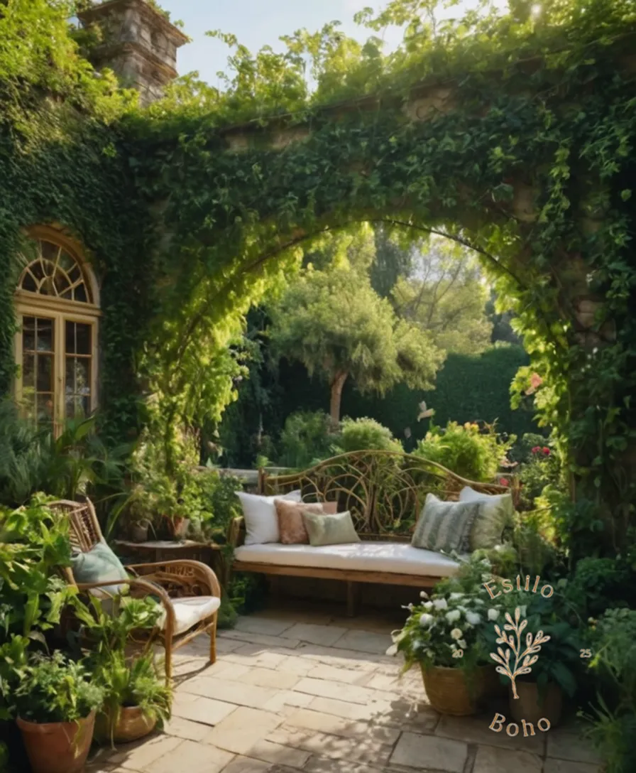 A lush, bohemian-style garden with sprawling vines and greenery.